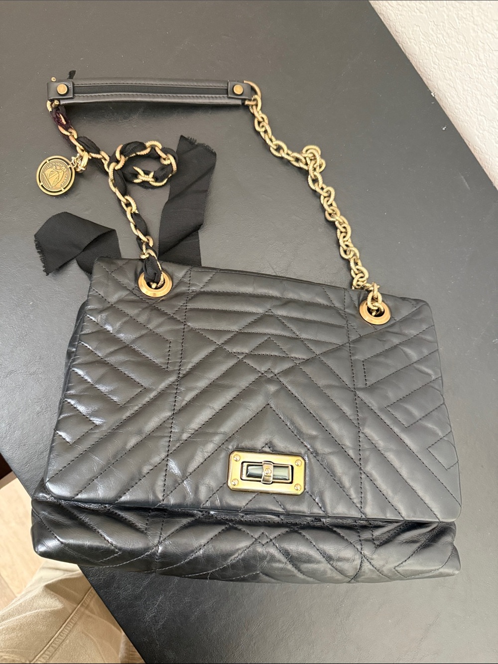 Lanvin Happy Black Quilted Shoulder Bag with Gold Chain Strap